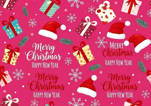 Festive christmas pattern with gifts, snowflakes and santa hats season