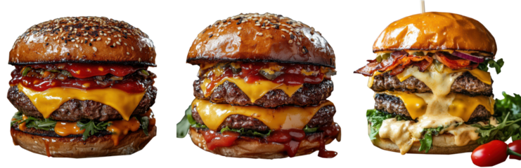 Delicious gourmet burgers featuring juicy beef patties melted cheese fresh lettuce and sesame seed buns close up photography