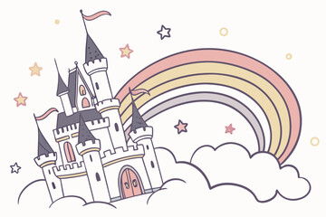Whimsical castle on rainbow clouds with stars fantasy