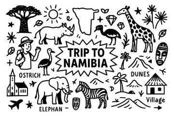 Namibia culture doodle icons with wildlife, desert, canyons and traditional lifestyle, Transparent Background
