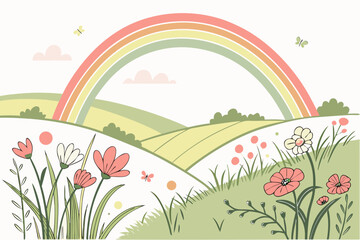Obraz premium Whimsical meadow with pastel rainbow and butterflies