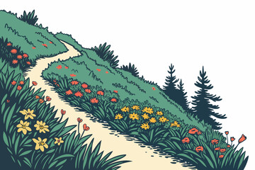 Winding mountain trail with yellow and red wildflowers