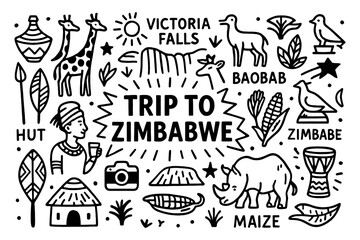 Zimbabwe culture doodle icons with Great Zimbabwe, wildlife, marimba and traditional lifestyle, Transparent Background