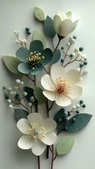 Handcrafted Textured Paper Flowers with Teal Green Petals, Cream Blooms and Berry Accents - 3D Botanical Wall Decor for Modern Minimalist Home, Spring Wedding or Bedroom
