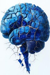 Photorealistic medical illustration of a human brain in shades of blue with visible cracks and fragmented areas
