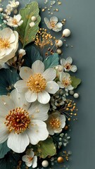 Elegant 3D Textured Paper Floral Composition with Cream Ivory Petals Gold Stamens and Teal Green Leaves on Soft Blue Background for Wedding Invitations Minimalist Decor and Greeting Card Design