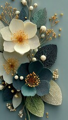 3D Paper Art Floral Composition with Ivory and Navy Blue Blooms, Laser-Cut Leaves, Golden Stamens, and Pearl Accents on Soft Blue Background for Wedding Decor, Wall Art, and Stationery Design