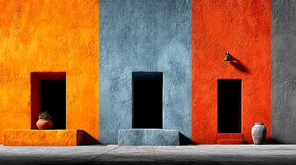 Vibrant Terracotta, Blue, and Orange Textured Plaster Walls with Doorways, Decorative Wall Sconce, and Rustic Clay Pot for Interior Design & Modern Decor Backdrops