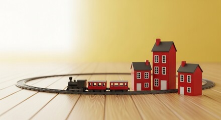 Miniature black train set travels through a small town on a wooden surface
