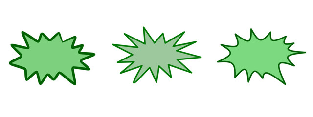 Set of green explosion stars. Comic burst, bursting star, starburst speech bubbles. Star sticker, burst speech balloon. Comic book, vector boom or explosion. Communication concept