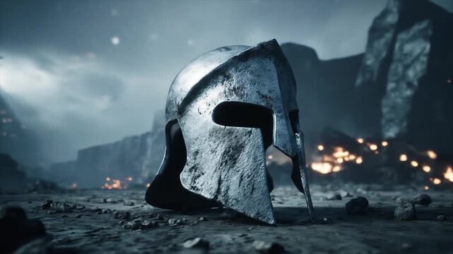 Ancient spartan helmet on battlefield with dramatic lighting and texture