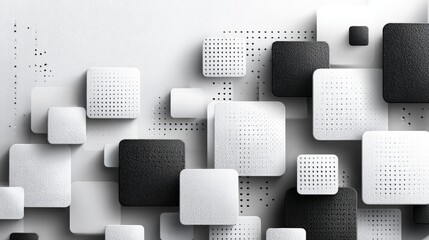 Minimalist Black and White Layered Geometric Composition with Textured Squares, Perforated Patterns, and Modern 3D Depth for Web Design Backgrounds, Print Advertising, Branding Materials, and Minimali