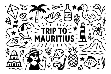 Mauritius culture doodle icons with landmarks, dodo bird, tropical food and beach lifestyle, Transparent Background © SenorPinky