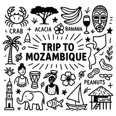 Mozambique culture doodle icons with wildlife, food, music, Maputo and traditional lifestyle, Transparent Background