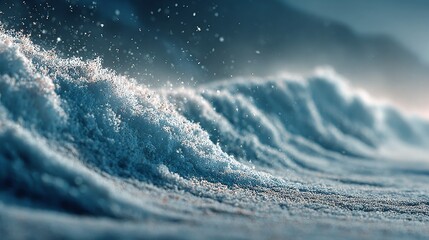 Macro view of ocean wave with frothy foam and splashing droplets under soft diffused light, blue teal color palette, serene coastal background for design projects