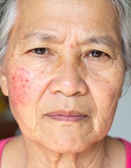 Close-up of elderly woman with facial redness