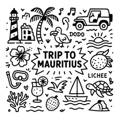 Mauritius culture doodle icons with landmarks, dodo bird, tropical food and beach lifestyle, Transparent Background © SenorPinky