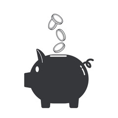Isolated pictogram of piggy bank with falling coins, symbol of savings, financial planning, money deposit, investment, and economy concept.