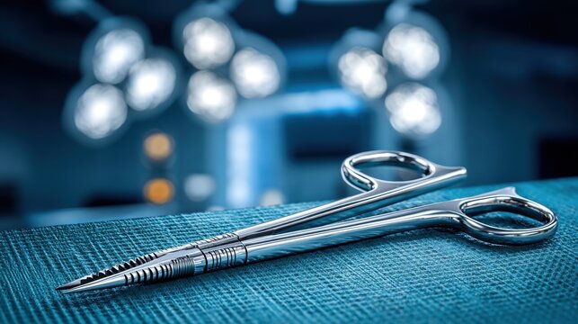 Close up of surgical forceps resting on a sterile surface