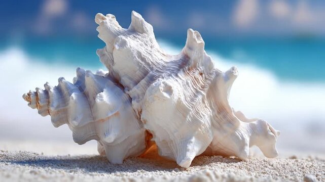 Detailed white seashell on sandy beach with ocean in the background