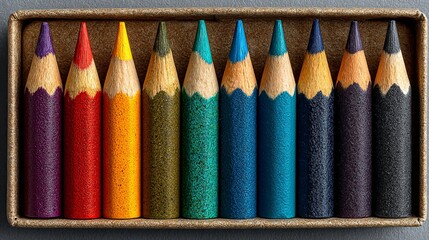 Sharpened Handcrafted Wooden Colored Pencils with Vibrant Assorted Hues Arranged in Textured Box for Art, Illustration and Educational Creative Projects