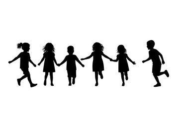 Black Vector Silhouette: Diverse Group of Children Playing Joyfully	