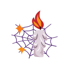 Spooky Halloween Candle Burning on a Cobweb with Stars
