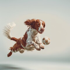 Dog is in mid-air, jumping to catch a soccer ball