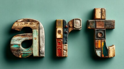 Vintage Handcrafted Wooden "Art" Letters: Multicolored Textured Collage with Weathered Wood, Geometric Accents & Rustic Patina on Mint Green Background for Creative Studio Decor, Design Projects & Art