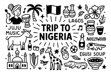 Nigeria culture doodle icons with food, wildlife, cities and traditional lifestyle, Transparent Background