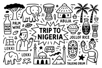 Fototapeta premium Nigeria culture doodle icons with food, wildlife, cities and traditional lifestyle, Transparent Background