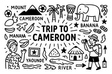 Cameroon culture doodle icons with wildlife, cocoa, music, landmarks and traditional lifestyle, Transparent Background