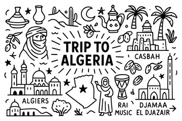 Obraz premium Algeria culture doodle icons with Sahara desert, food, landmarks and traditional lifestyle, Transparent Background