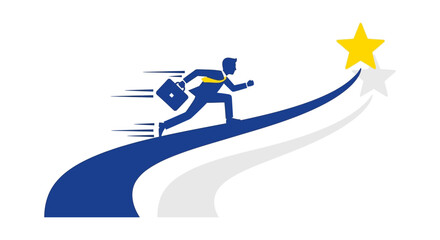 ambitious businessman running towards success reaching for a golden star a symbol of career goals and corporate achievement on white background
