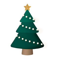Festive Green Christmas Tree Adorned with Lights and Star, Isolated on White