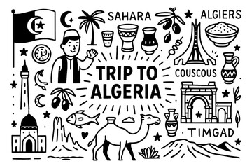 Algeria culture doodle icons with Sahara desert, food, landmarks and traditional lifestyle, Transparent Background