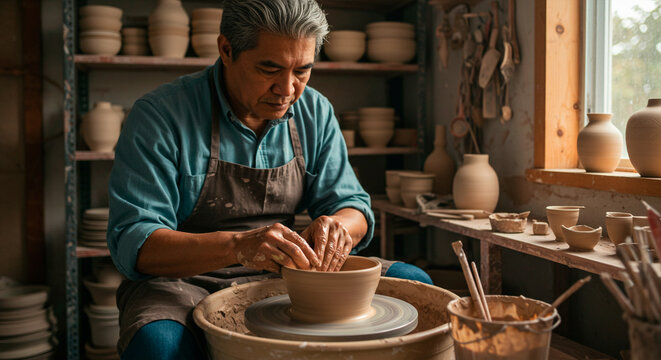 Concentrated senior ceramist shaping clay on a pottery wheel in his workshop