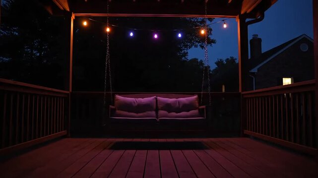 Serene evening on a cozy deck with string lights illuminating a comfortable swing, inviting relaxation and quiet moments