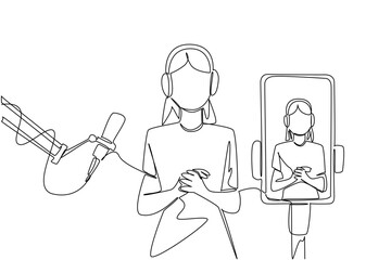 Continuous one line drawing a woman using headphones and a mic broadcasts with a smartphone. Online broadcast via smartphone app. National Streaming Day. Single line draw design vector illustration