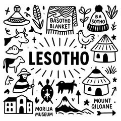 Lesotho culture doodle icons with mountains, huts, food, wool and traditional lifestyle, Transparent Background