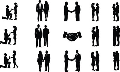 Romantic couple proposal, wedding engagement silhouette, love relationship vector, business handshake teamwork, partnership illustration, unity symbol, romantic embrace, commitment