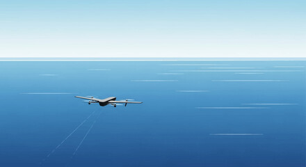A commercial airplane in flight over the ocean.