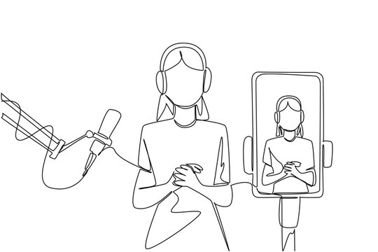 Continuous one line drawing a woman using headphones and a mic broadcasts with a smartphone. Online broadcast via smartphone app. National Streaming Day. Single line draw design vector illustration