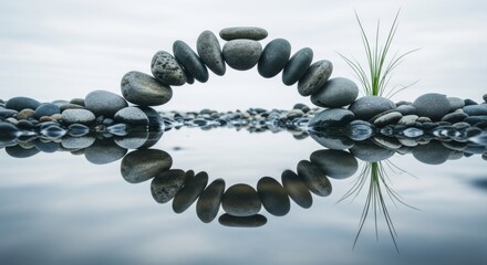 Pebbles Arranged in a Circular Pattern on Calm Water with Reflection and Green Grass in Overcast Setting