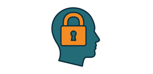 Locked mindset illustrating cognitive bias representing closed mind in a teal human head silhouette with an orange padlock ideal for psychology content.