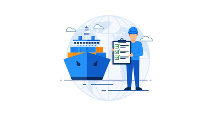 Logistics checklist inspector checks cargo ship containers for global shipping illustrating quality control for supply chain management.