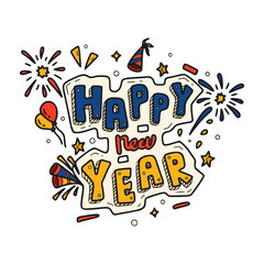 Hand drawn Happy New Year lettering with festive doodles. Vector illustration for celebration