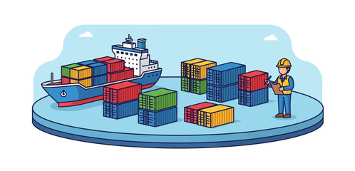 logistics management worker inspecting shipping containers near a cargo ship at the port illustrating global trade supply chain and export efficiency.