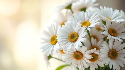 Fototapeta premium Fresh daisy bouquet bathed in soft sunlight, showcasing delicate pastel petals.