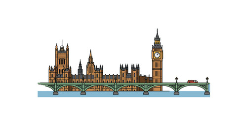 london skyline illustration a vibrant depiction of iconic buildings along the thames river with a red van crossing westminster bridge promoting travel